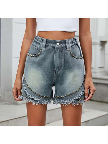 Rivet Ripped Hem Denim Shorts