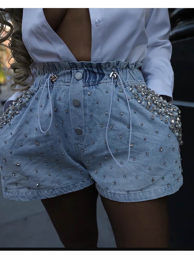Embellished Wide Leg Denim Shorts