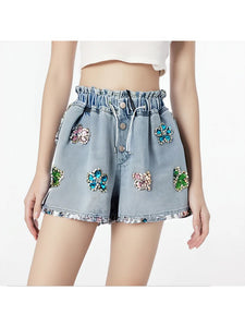 Flower Sequin Denim Shorts