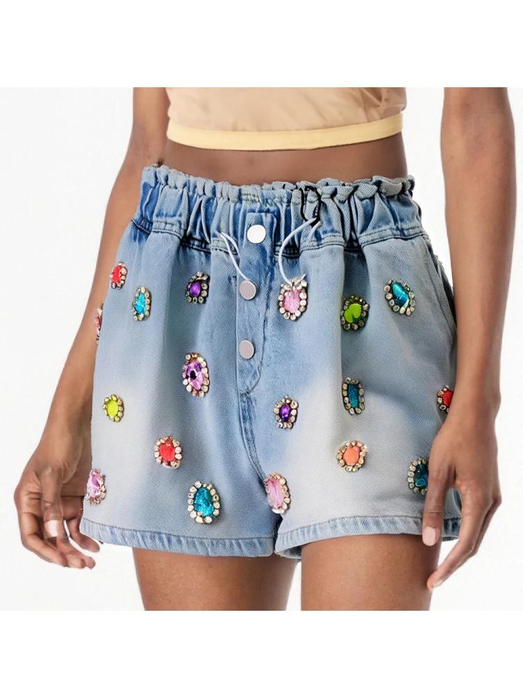 Multicolor Rhinestone Denim Shorts
