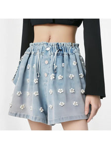 Faux Pearl Embellished Denim Shorts