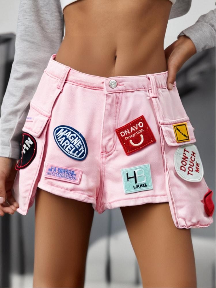 Embroidered Badge Denim Shorts