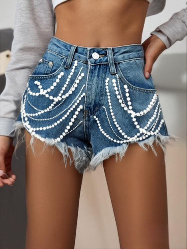 Pearl Chain Decor Denim Shorts