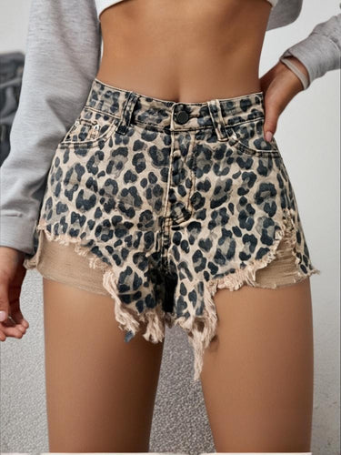 Leopard Ripped Hem Denim Shorts