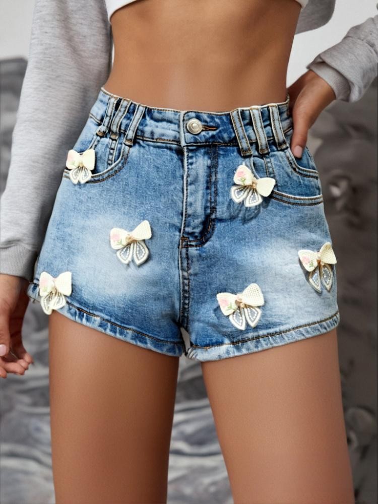 Bow Patchwork Denim Shorts