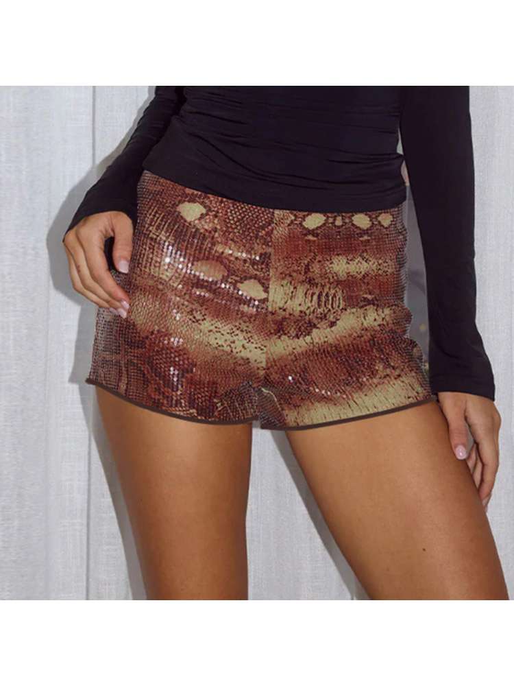 Snake Print Sequin Bodycon Shorts
